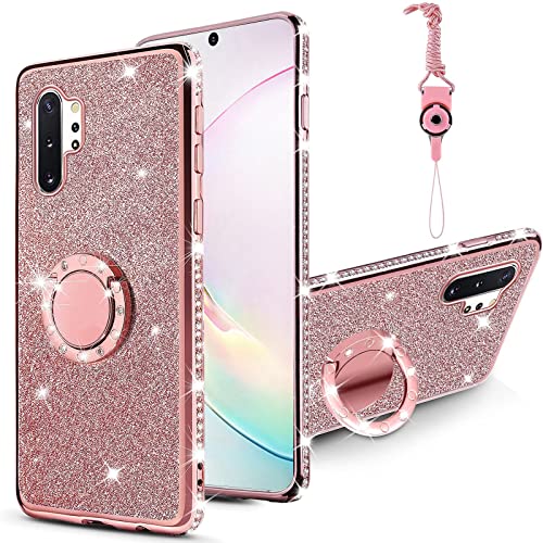 Easyscen for Galaxy Note 10 Plus Case with Ring Stand Lanyard Strap, Cute Bling Shiny Glitter Girly Women Drop Protection Shockproof 2-Layer Protective Phone Cover for Samsung Note 10 Plus - Rose Gold - Image 1