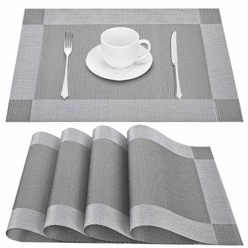 gIVERARE Placemats Set of 4  Heat-Resistant Woven Vinyl Placemat  Non-Slip Washable PVc Table Mat  Easy to clean Premium Plastic Table Mats for Dining Table  Kitchen Table (Silver+gray)