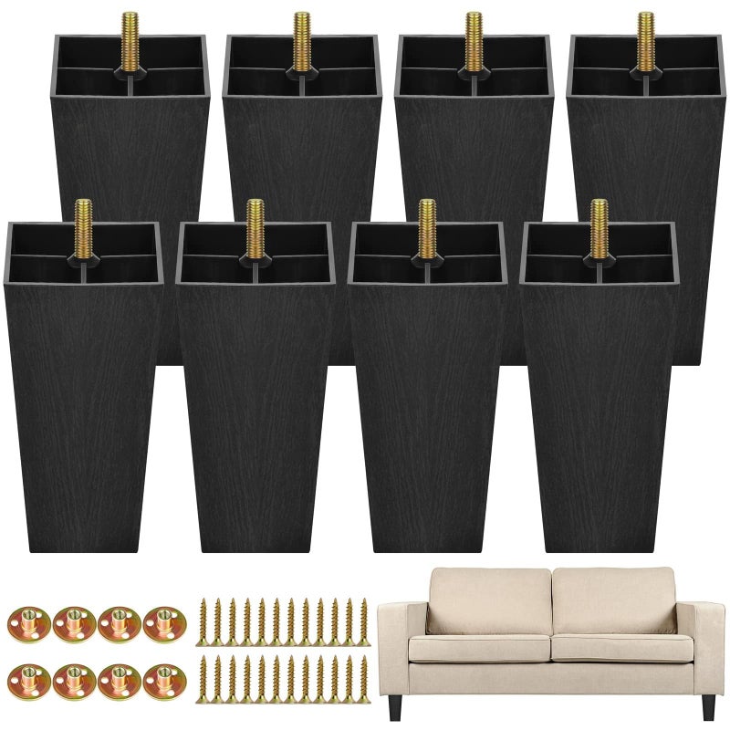 TURSTIN 8 Pack 5.7 Inch Furniture Legs Plastic Sofa Couch Legs Square Tapered Feet Sofa Legs with M8 T-Nuts Screws for Legs Sofas Chairs Cabinets Dressers Beds, Black - Image 1