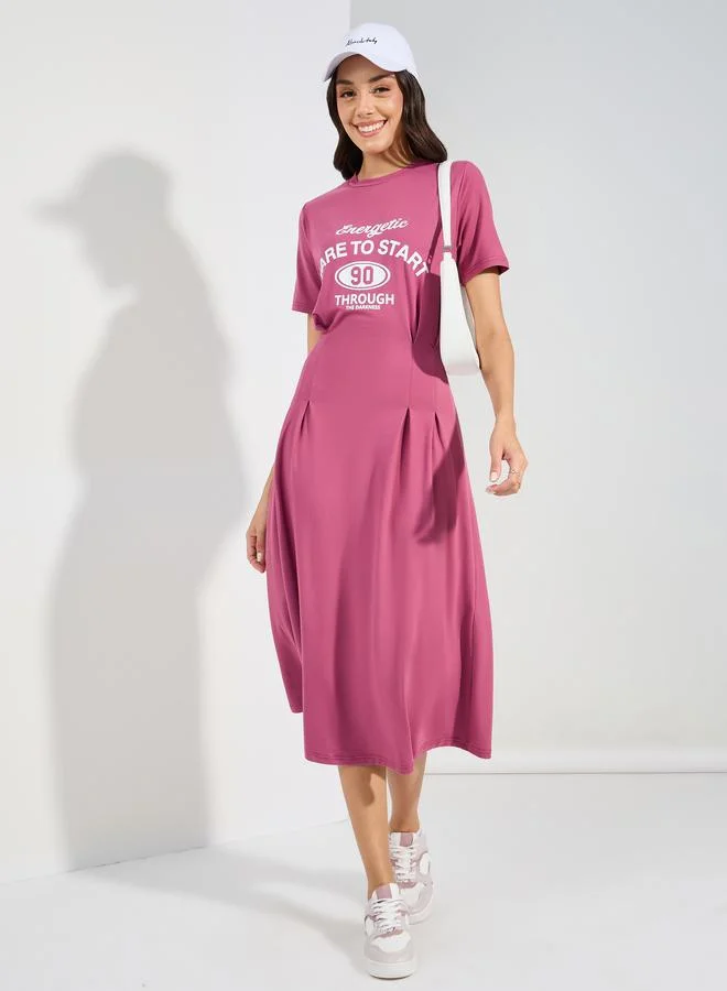 Styli Graphic Print Fitted Waist T-Shirt Midi Dress