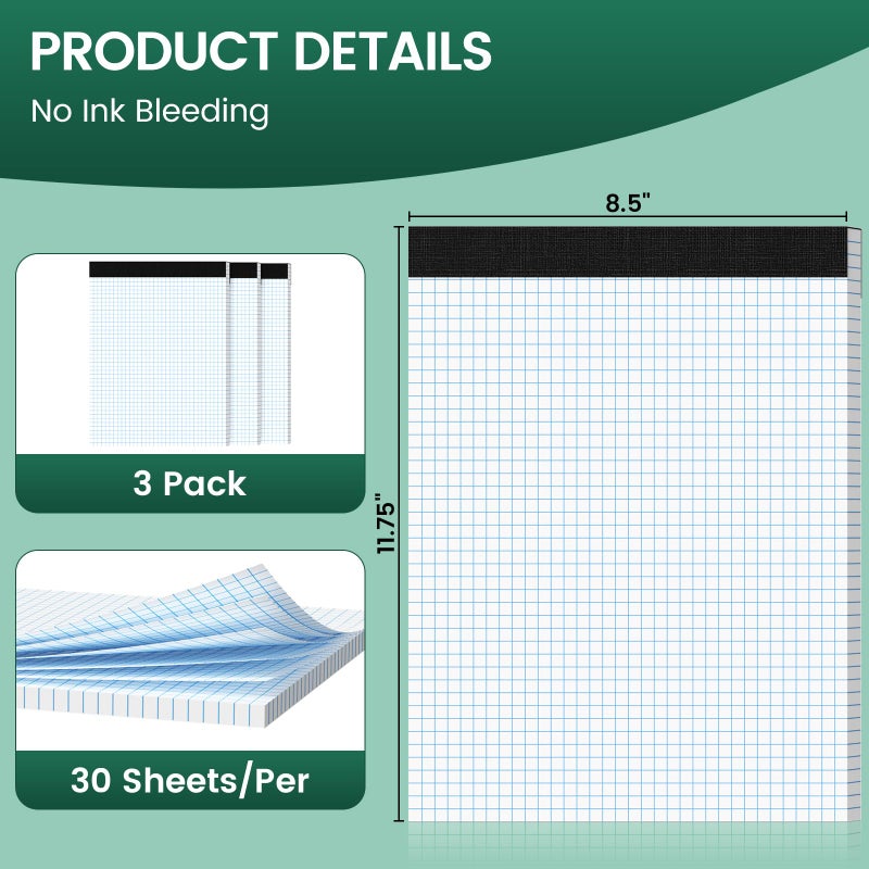 Ciphyfee Graph Paper 8.5 X 11, 3 Pack, 4x4 Quad Ruled, Grid Paper Pad 8-1/2" X 11.75", Grid Pad 8.5 X 11.75, Engineering Notebook, Easy Tears Off, White 70 Gsm Graft Paper - Image 3