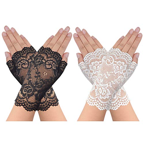 obmwang 2 Pairs Women's Lace Gloves Fingerless Floral Gloves for Bridal Prom Wedding Party Costume Accessories - Image 1