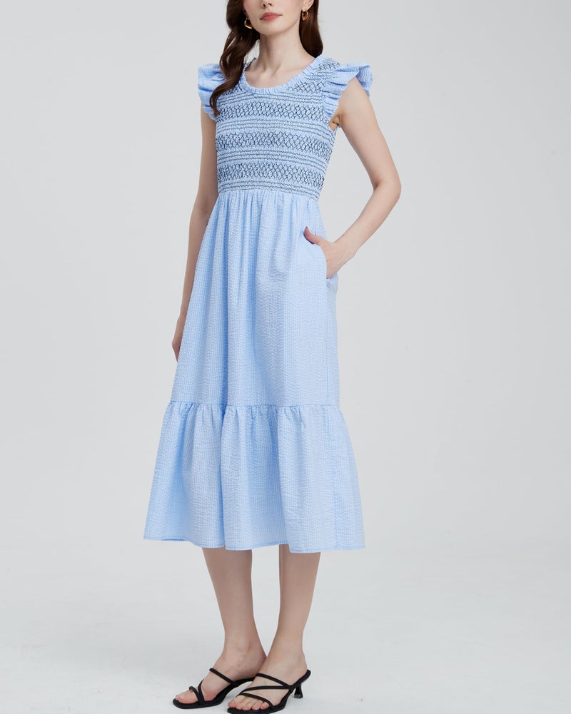 YEXPINE Women's Embroidered Smocked Midi Dress Casual Boho Ruffle Sleeve Crewneck Long Flowy Summer Dress Blue - Image 2