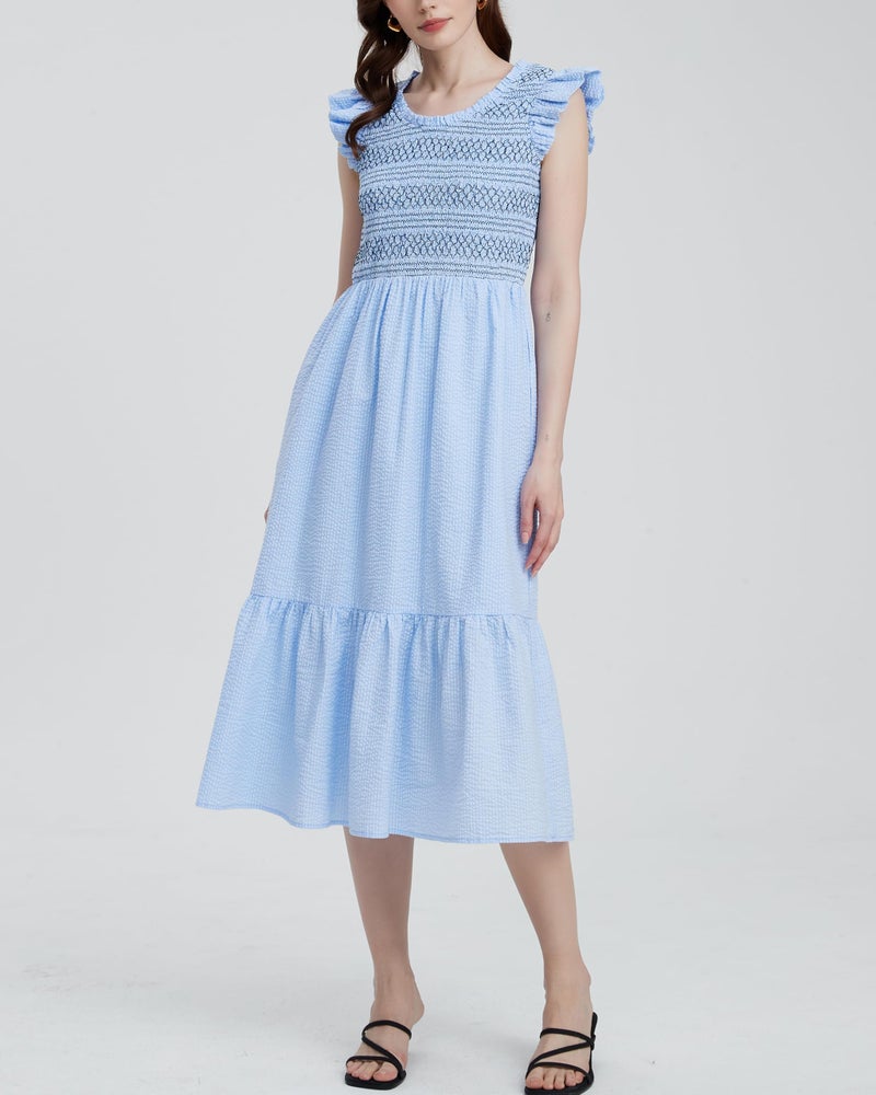 YEXPINE Women's Embroidered Smocked Midi Dress Casual Boho Ruffle Sleeve Crewneck Long Flowy Summer Dress Blue - Image 3