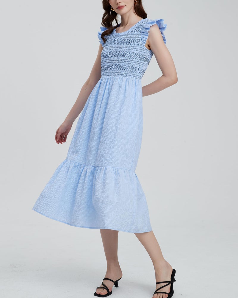 YEXPINE Women's Embroidered Smocked Midi Dress Casual Boho Ruffle Sleeve Crewneck Long Flowy Summer Dress Blue - Image 5