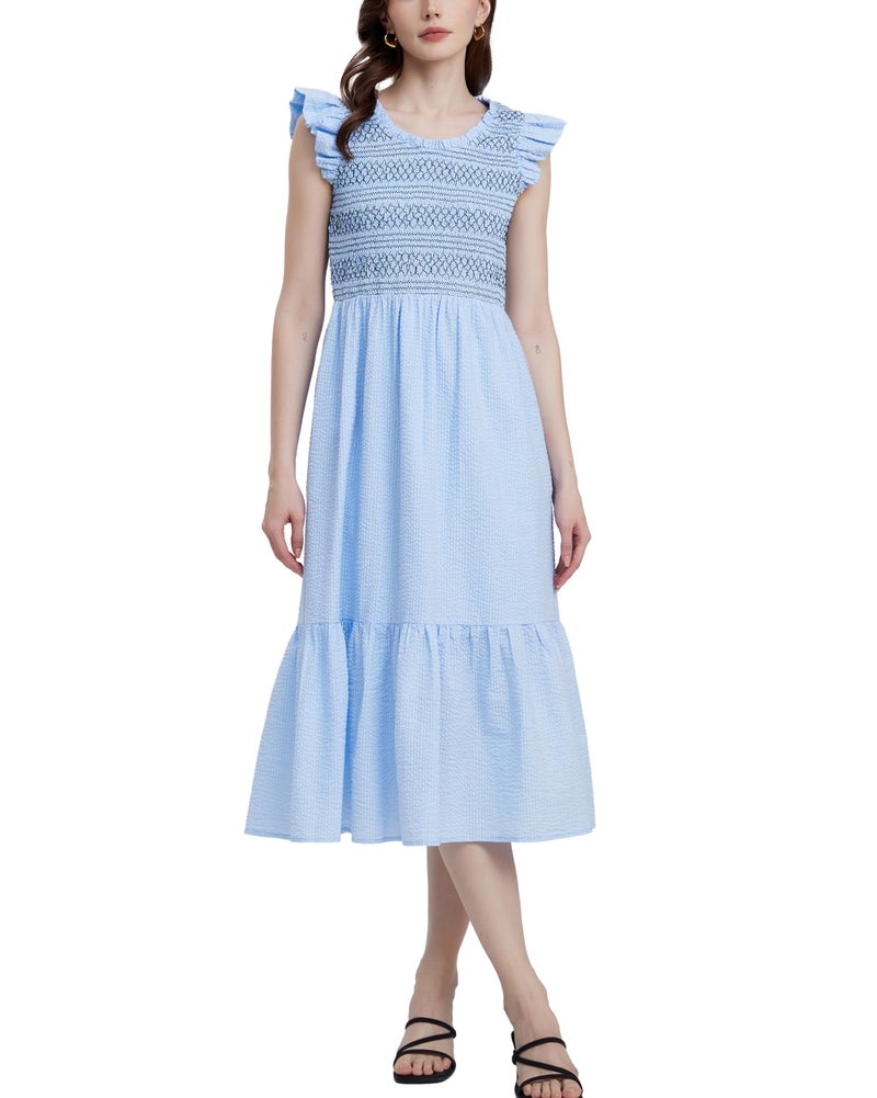 YEXPINE Women's Embroidered Smocked Midi Dress Casual Boho Ruffle Sleeve Crewneck Long Flowy Summer Dress Blue - Image 1