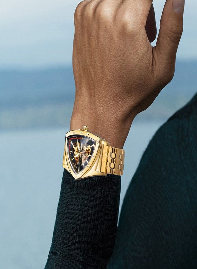 FORSINING Triangular Gold Shield Automatic Mechanical Watch, Oversized Dial Fully Hollowed Out Dial Design, Automatic Movement, 20MM Wide Soft Silicone Strap, Strong and Durable, Gold-T - Image 5