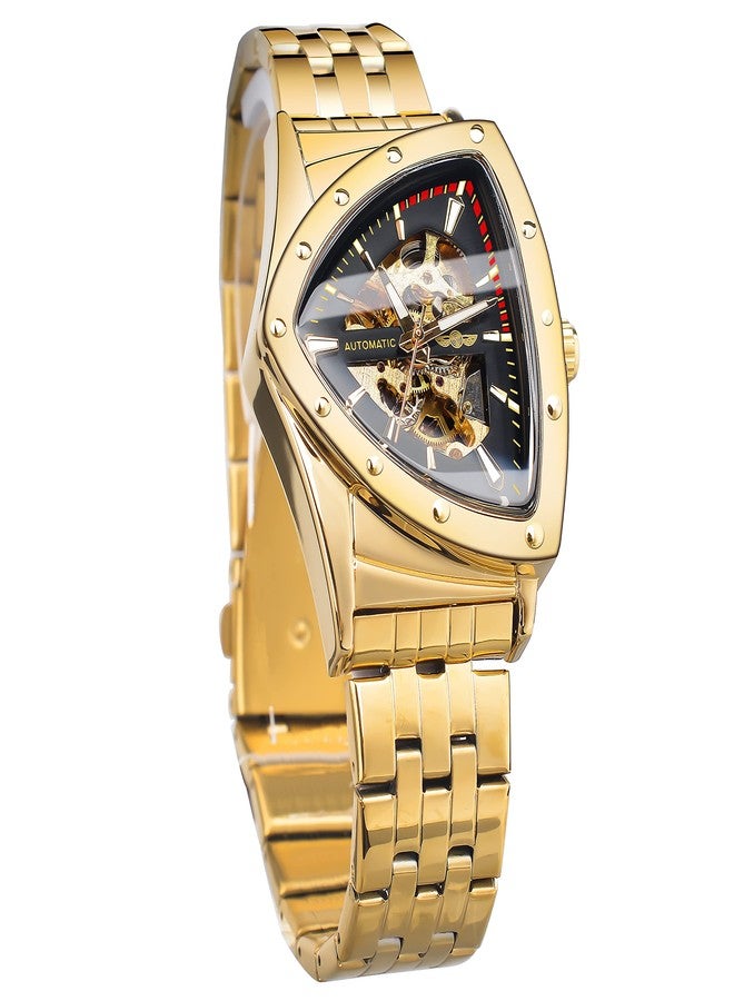 FORSINING Triangular Gold Shield Automatic Mechanical Watch, Oversized Dial Fully Hollowed Out Dial Design, Automatic Movement, 20MM Wide Soft Silicone Strap, Strong and Durable, Gold-T - Image 1