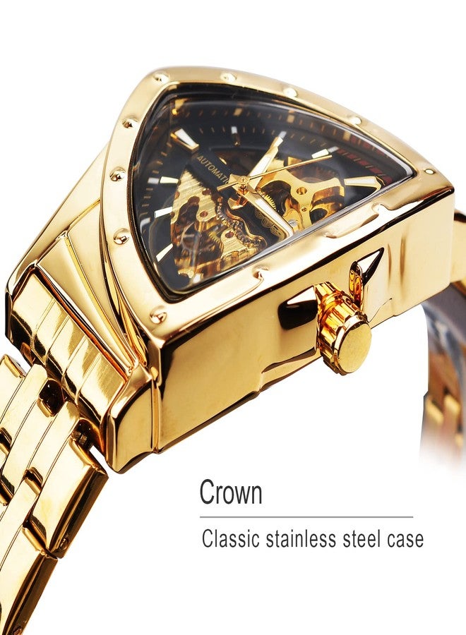 FORSINING Triangular Gold Shield Automatic Mechanical Watch, Oversized Dial Fully Hollowed Out Dial Design, Automatic Movement, 20MM Wide Soft Silicone Strap, Strong and Durable, Gold-T - Image 3