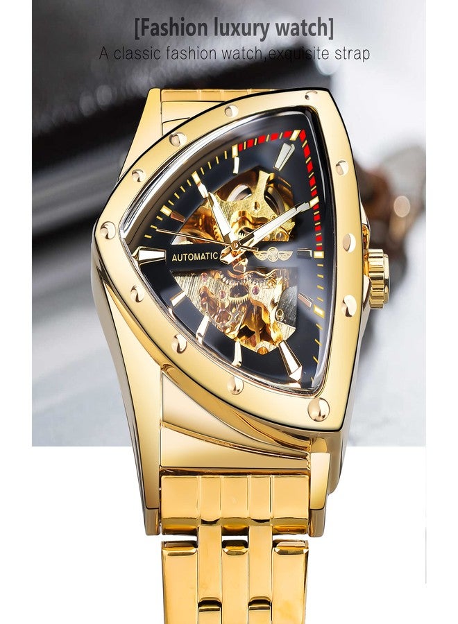 FORSINING Triangular Gold Shield Automatic Mechanical Watch, Oversized Dial Fully Hollowed Out Dial Design, Automatic Movement, 20MM Wide Soft Silicone Strap, Strong and Durable, Gold-T - Image 2