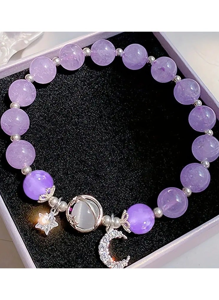 Home Clearance Sale Charming Purple Cat Eye Stone Bead Bracelet with Moon & Star Charm - Perfect Birthday Gift for Her, All-Season Wear - Image 1