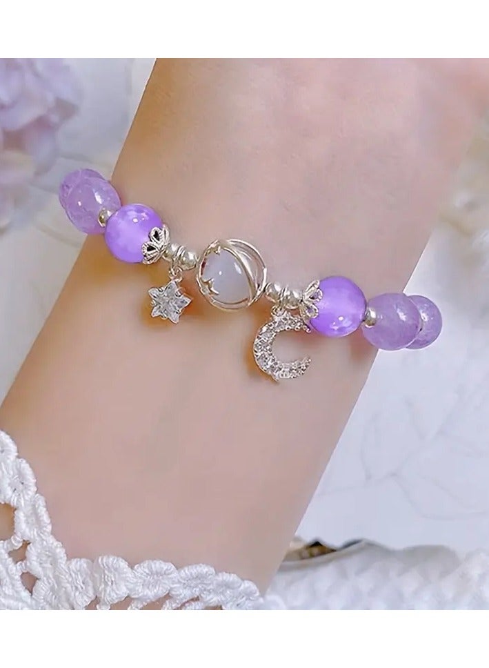 Home Clearance Sale Charming Purple Cat Eye Stone Bead Bracelet with Moon & Star Charm - Perfect Birthday Gift for Her, All-Season Wear - Image 2