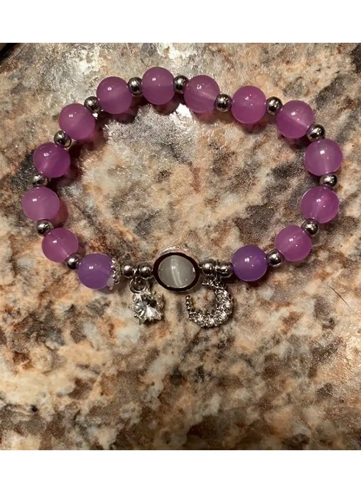 Home Clearance Sale Charming Purple Cat Eye Stone Bead Bracelet with Moon & Star Charm - Perfect Birthday Gift for Her, All-Season Wear - Image 3