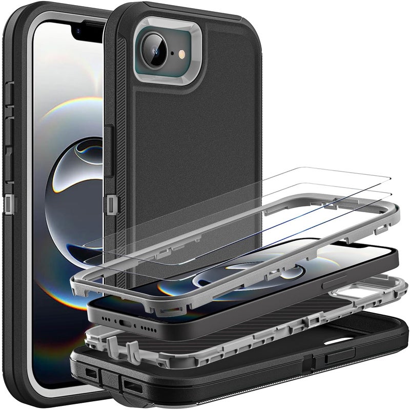 YKHJKLEC for iPhone 16e Case Military Grade 3 in 1 Heavy Duty ShockproofDrop ProofDust Proof Case with 2Pcs Tempered Glass Screen Protector BlackGrey - Image 3