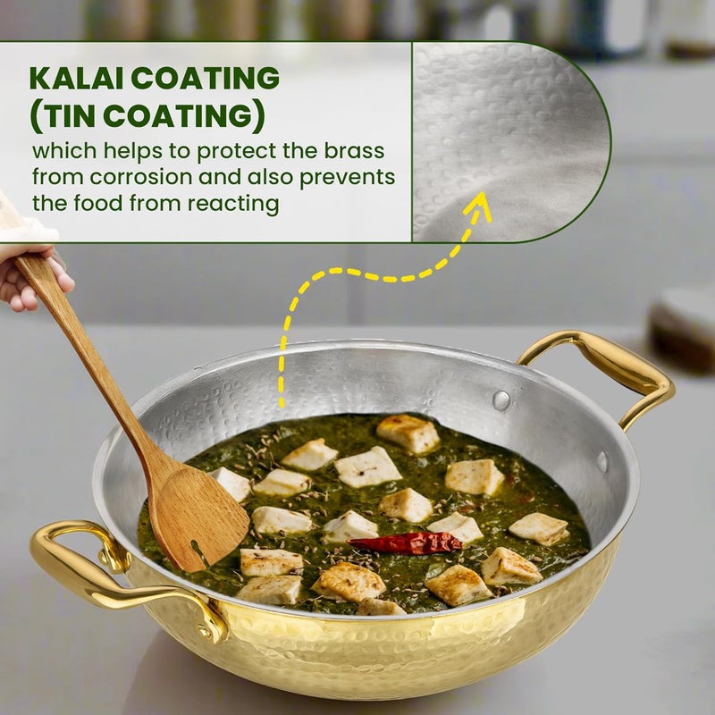Pipal Brass Kadhai 1500 ml Teflon Free Naturally Non Stick Brass Kadai for Cooking Serving Pure Brass Kadhai with Tin Coating Brass Utensils for Kitchen with Lid Handle On Both Side
