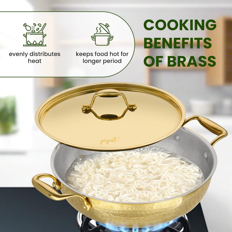 Pipal Brass Kadhai 1500 ml Teflon Free Naturally Non Stick Brass Kadai for Cooking Serving Pure Brass Kadhai with Tin Coating Brass Utensils for Kitchen with Lid Handle On Both Side