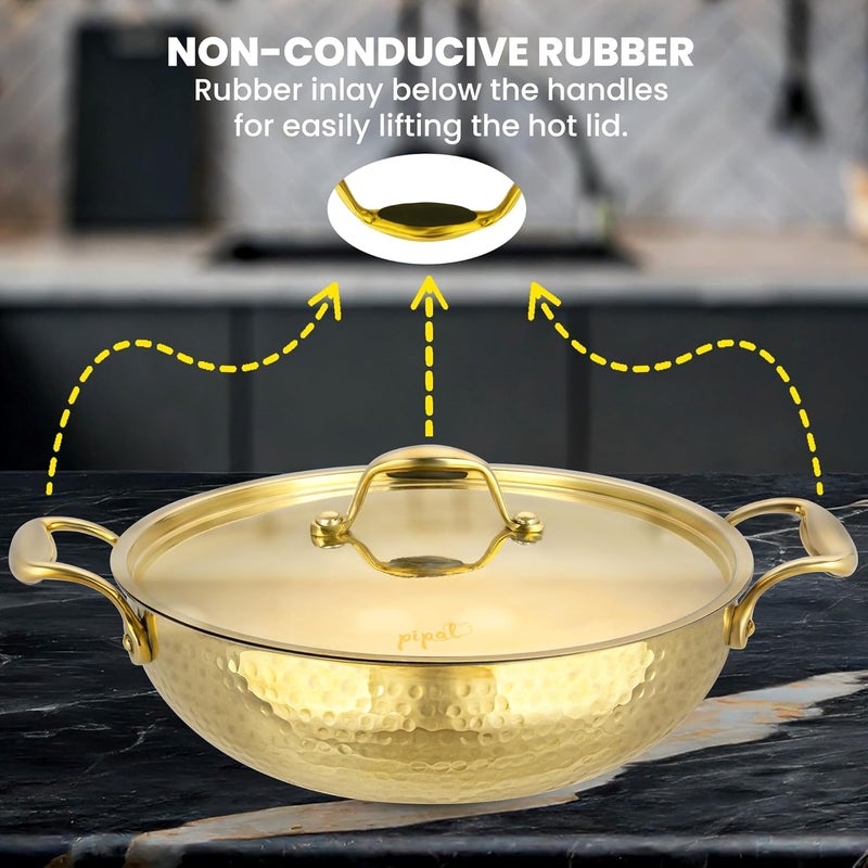 Pipal Brass Kadhai 1500 ml Teflon Free Naturally Non Stick Brass Kadai for Cooking Serving Pure Brass Kadhai with Tin Coating Brass Utensils for Kitchen with Lid Handle On Both Side