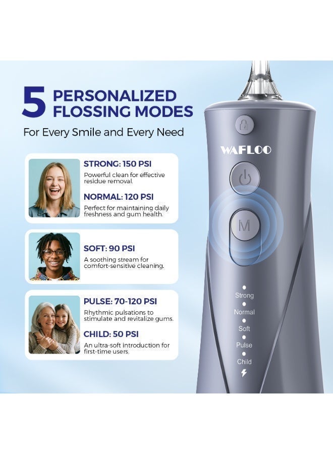 WAFLOO Water Flosser Professional 5 Modes 6 Nozzles 300ML Tank Rechargeable Portable Oral Irrigator IPX7 Waterproof Electric Flosser for Deep Teeth Cleaning (Grey) - Image 2