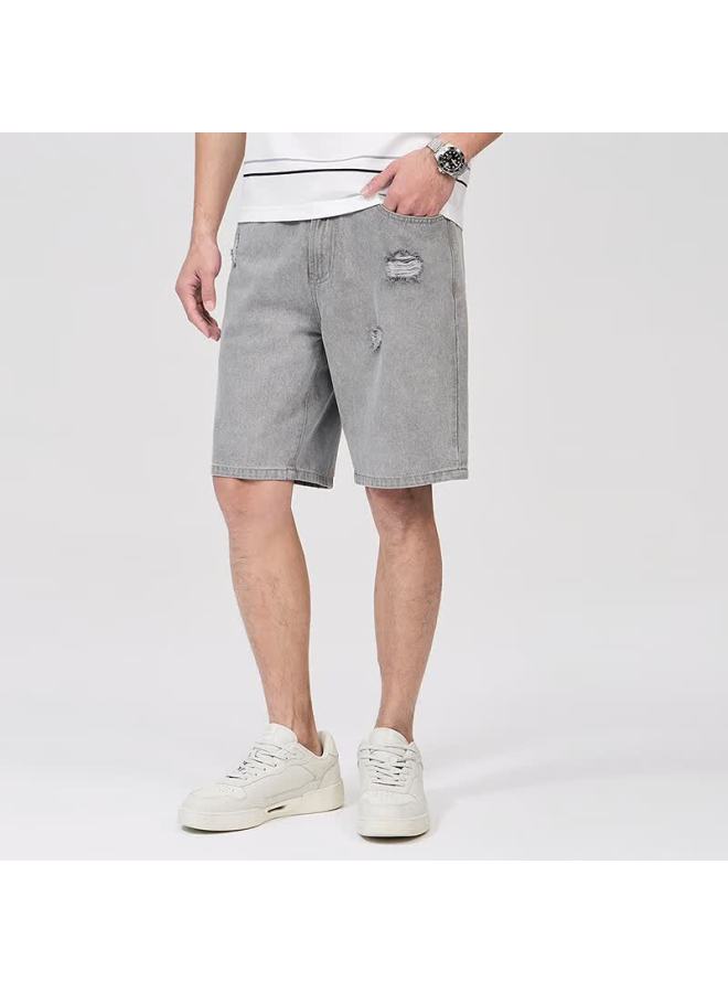 Dancing Wolves Summer Trendy Fashion Elastic Breathable Ripped Denim Shorts For Men, 003 Medium Gray, Size 36 - Image 2