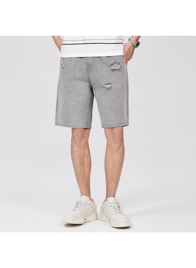 Dancing Wolves Summer Trendy Fashion Elastic Breathable Ripped Denim Shorts For Men, 003 Medium Gray, Size 36 - Image 1