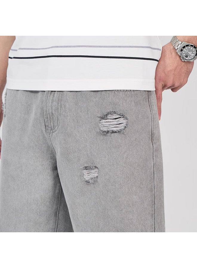 Dancing Wolves Summer Trendy Fashion Elastic Breathable Ripped Denim Shorts For Men, 003 Medium Gray, Size 36 - Image 3