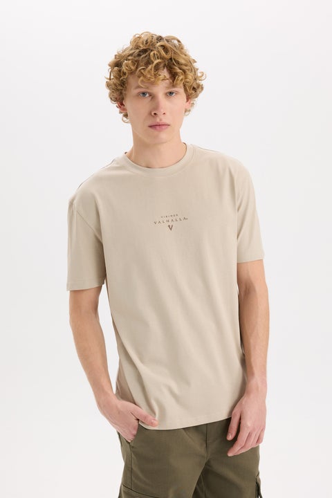 Beige Man Regular Fit Vikings Valhalla Crew Neck Printed Short Sleeve T-Shirt Casual