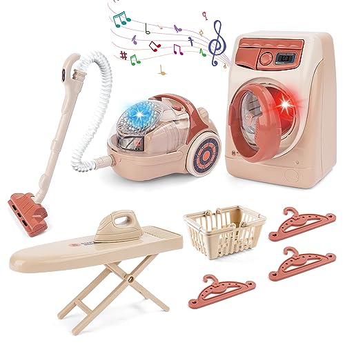 deAO Toy Washing Machine & Vacuum Playset for Kids, Mini Washing Machine Laundry Set for Kids,Dollhouse Furniture Laundry Room Washer and Iron Set Kids Cleaning Set for Boys & Girls - Image 1