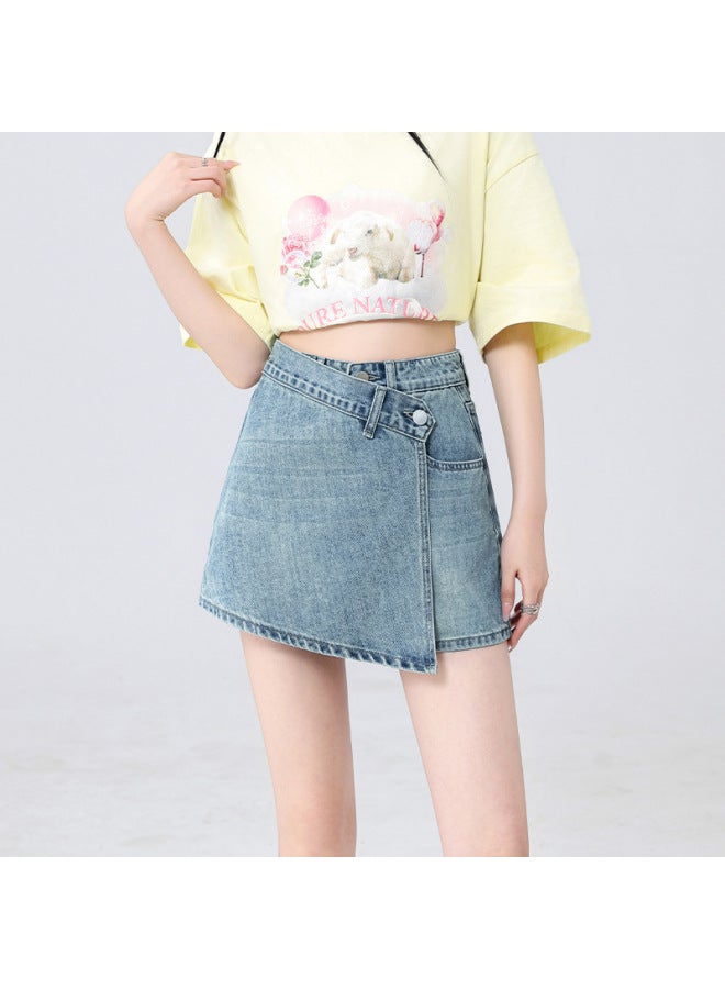 HAPPY Light Blue High Waist Denim Skirts Women's Summer Hot Style Small Loose Slim Irregular Hot Girl Shorts - Image 1