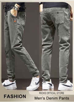 RIOXS Men's Denim Pants, Slim Fit Jeans With Tight Legs For Men, Casual Long Pants, Elastic Waist Jeans, Drawstring Denim Pants With 4 Pockets, Comfy Mid-Rise Trousers For Daily Wear Or Outdoor Activities, Stylish Jeans For Daddy Family Friends  - Image 2