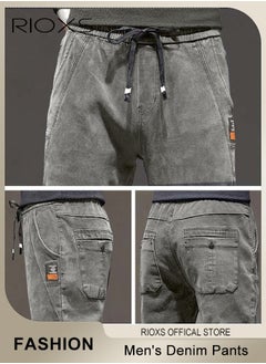 RIOXS Men's Denim Pants, Slim Fit Jeans With Tight Legs For Men, Casual Long Pants, Elastic Waist Jeans, Drawstring Denim Pants With 4 Pockets, Comfy Mid-Rise Trousers For Daily Wear Or Outdoor Activities, Stylish Jeans For Daddy Family Friends  - Image 4