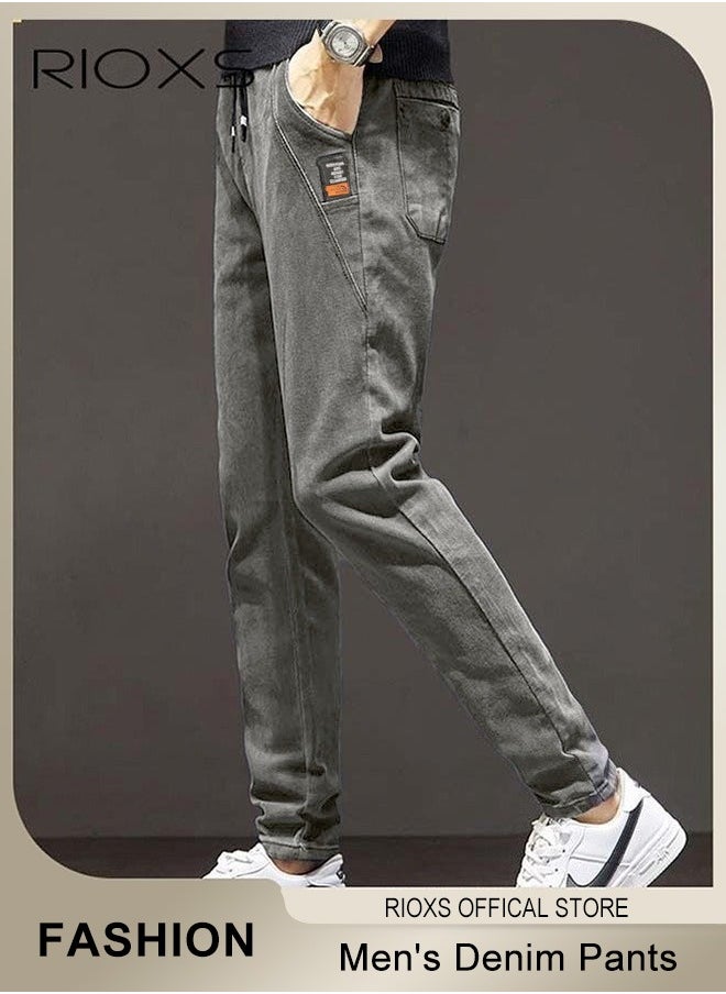 RIOXS Men's Denim Pants, Slim Fit Jeans With Tight Legs For Men, Casual Long Pants, Elastic Waist Jeans, Drawstring Denim Pants With 4 Pockets, Comfy Mid-Rise Trousers For Daily Wear Or Outdoor Activities, Stylish Jeans For Daddy Family Friends  - Image 5