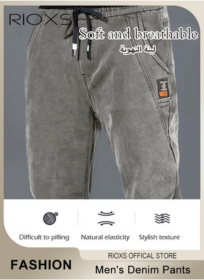 RIOXS Men's Denim Pants, Slim Fit Jeans With Tight Legs For Men, Casual Long Pants, Elastic Waist Jeans, Drawstring Denim Pants With 4 Pockets, Comfy Mid-Rise Trousers For Daily Wear Or Outdoor Activities, Stylish Jeans For Daddy Family Friends  - Image 3