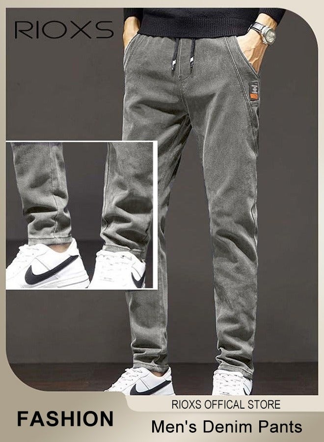 RIOXS Men's Denim Pants, Slim Fit Jeans With Tight Legs For Men, Casual Long Pants, Elastic Waist Jeans, Drawstring Denim Pants With 4 Pockets, Comfy Mid-Rise Trousers For Daily Wear Or Outdoor Activities, Stylish Jeans For Daddy Family Friends - Image 2