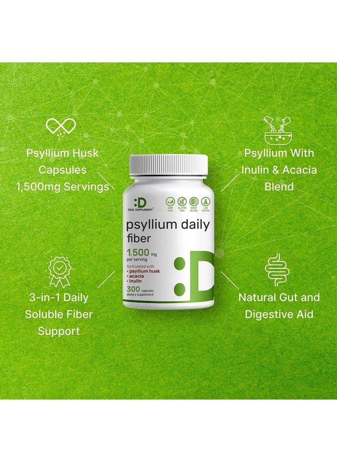 DEAL SUPPLEMENT - Psyllium Husk Fiber 300 Capsules ; 1500Mg Serving Complexed With Inulin & Acacia Natural Soluble Fiber Supplement Plant Based Nongmo ; Supports Digestive And Colon Health For Men And Women - Image 1