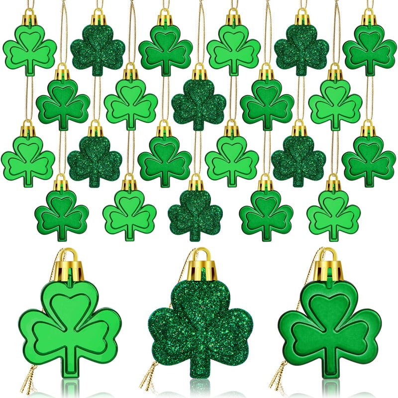 JULMELON 20Pcs St Patrick's Day Shamrocks Ornaments Glitter Good Luck Clover Hanging Baubles Irish Green Shamrock Pendant for Home Tree Party Decorations - Image 1
