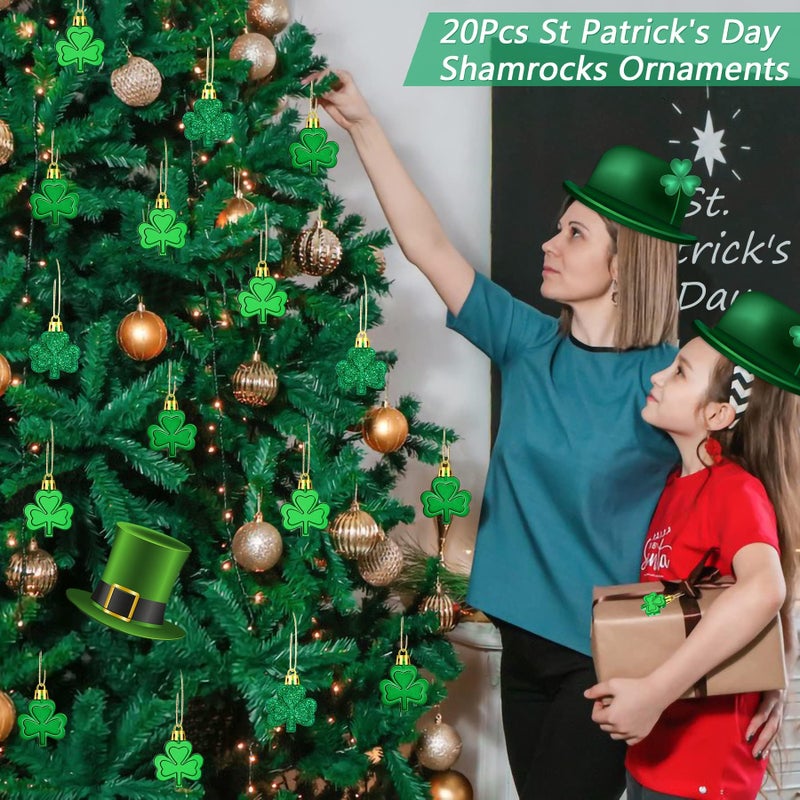 JULMELON 20Pcs St Patrick's Day Shamrocks Ornaments Glitter Good Luck Clover Hanging Baubles Irish Green Shamrock Pendant for Home Tree Party Decorations - Image 5
