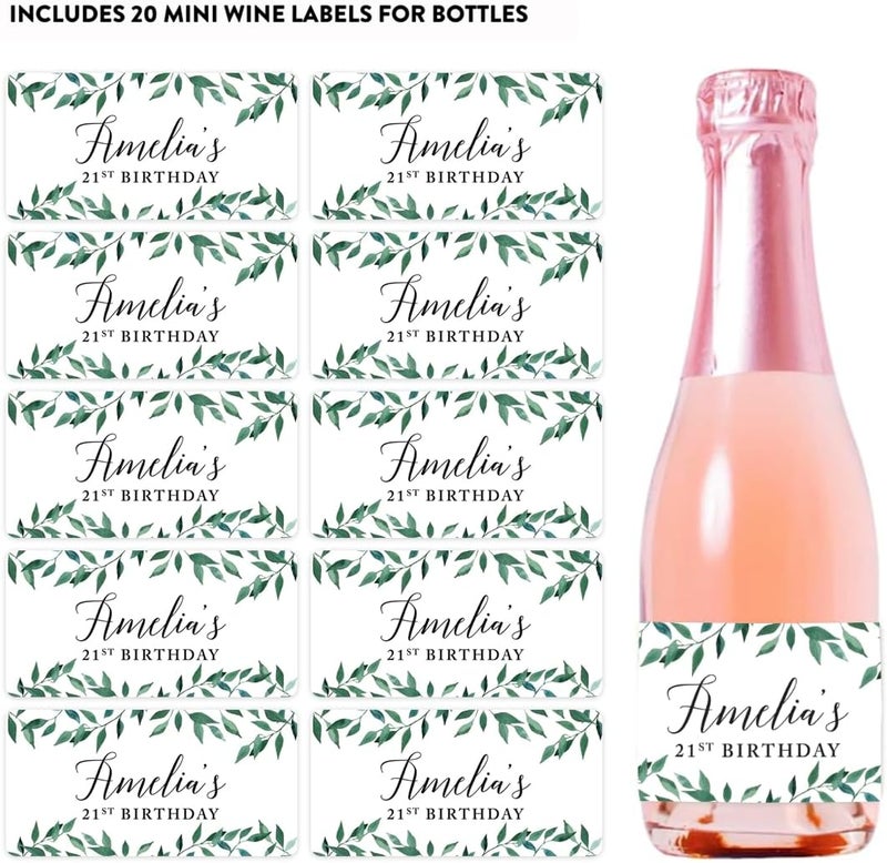 Andaz Press Personalized Birthday Mini Wine Labels for Bottles, Greenery Green Leaves 20-Pack Custom Mini Champagne Bottles Bulk Waterproof Mini Wine Bottle Labels Party Favors Adults Birthday - Image 4