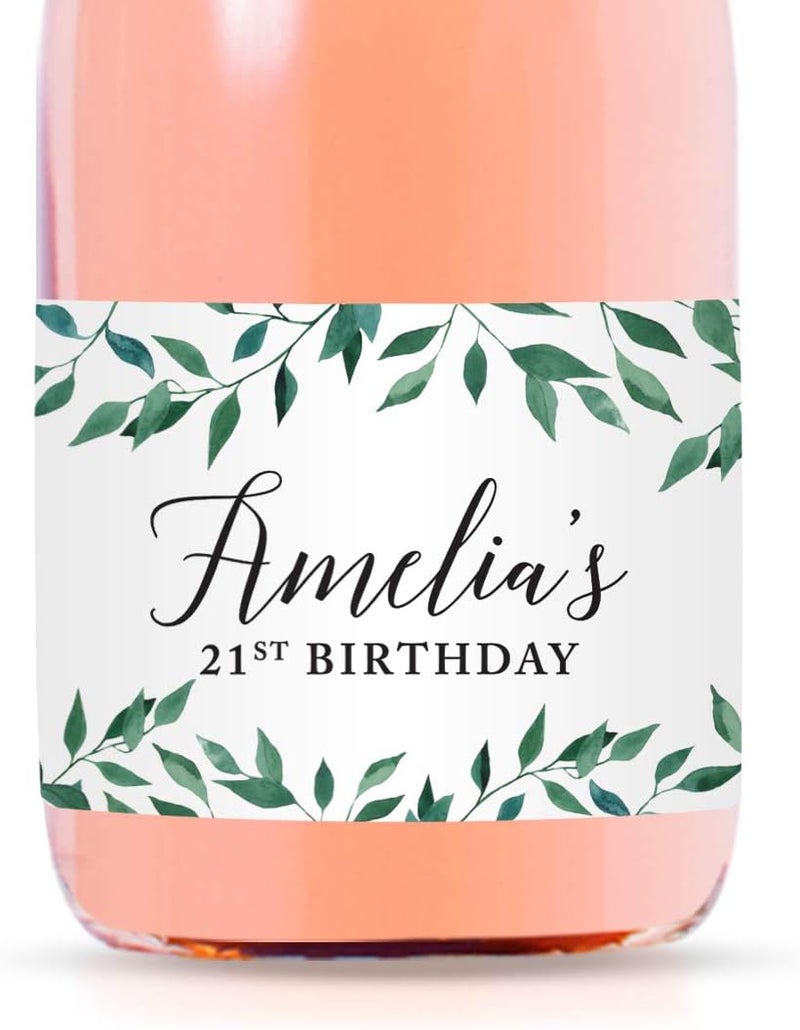 Andaz Press Personalized Birthday Mini Wine Labels for Bottles, Greenery Green Leaves 20-Pack Custom Mini Champagne Bottles Bulk Waterproof Mini Wine Bottle Labels Party Favors Adults Birthday - Image 1