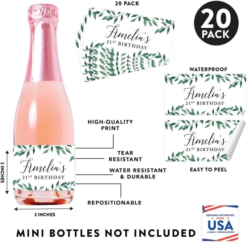Andaz Press Personalized Birthday Mini Wine Labels for Bottles, Greenery Green Leaves 20-Pack Custom Mini Champagne Bottles Bulk Waterproof Mini Wine Bottle Labels Party Favors Adults Birthday - Image 2
