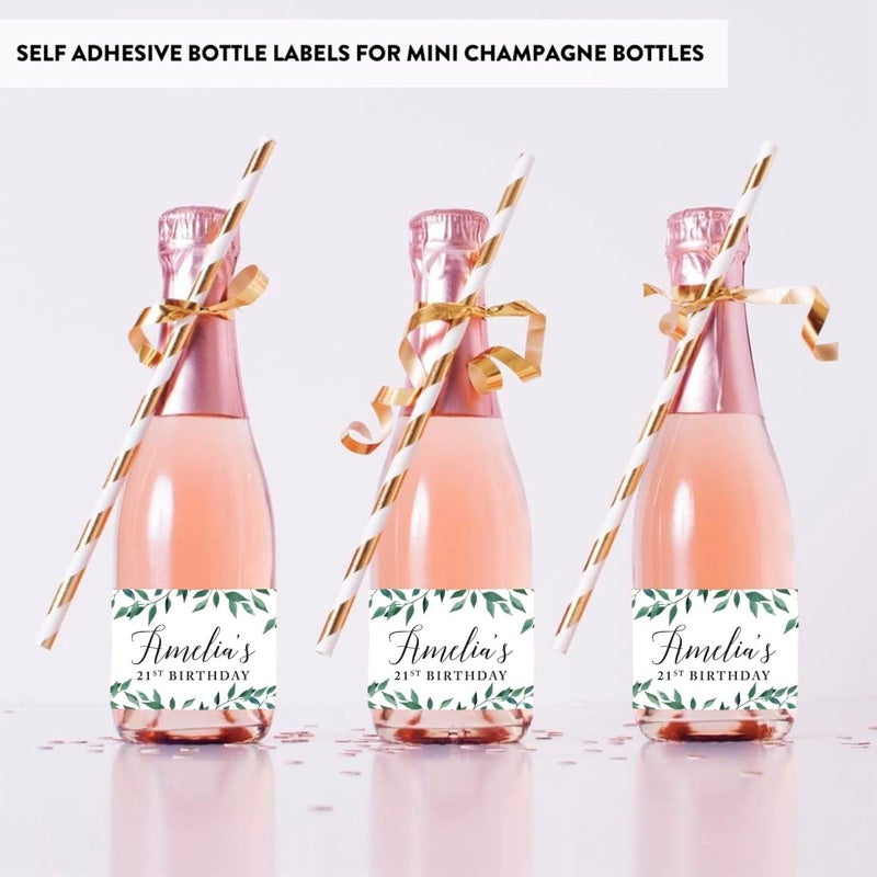 Andaz Press Personalized Birthday Mini Wine Labels for Bottles, Greenery Green Leaves 20-Pack Custom Mini Champagne Bottles Bulk Waterproof Mini Wine Bottle Labels Party Favors Adults Birthday - Image 3