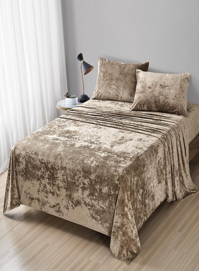 Fredsure Distressed Velvet Sheet Set, 4 Pieces Khaki King, Ultra Soft, Warm - Image 1