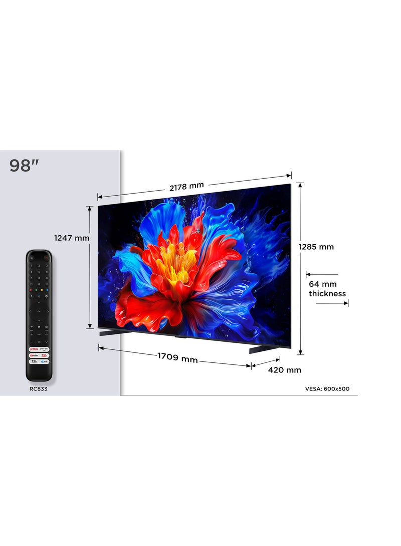 تي سي إل تلفاز TCL 98 بوصة P8K QLED 4K UHD الذكي | تلفاز جوجل، 144 هرتز، HDR10+، معالج AiPQ Pro، صوت ONKYO 2.1، دولبي أتموس، DTS Virtual:X، تصميم نحيف بدون إطار (طراز 2025) - Image 2