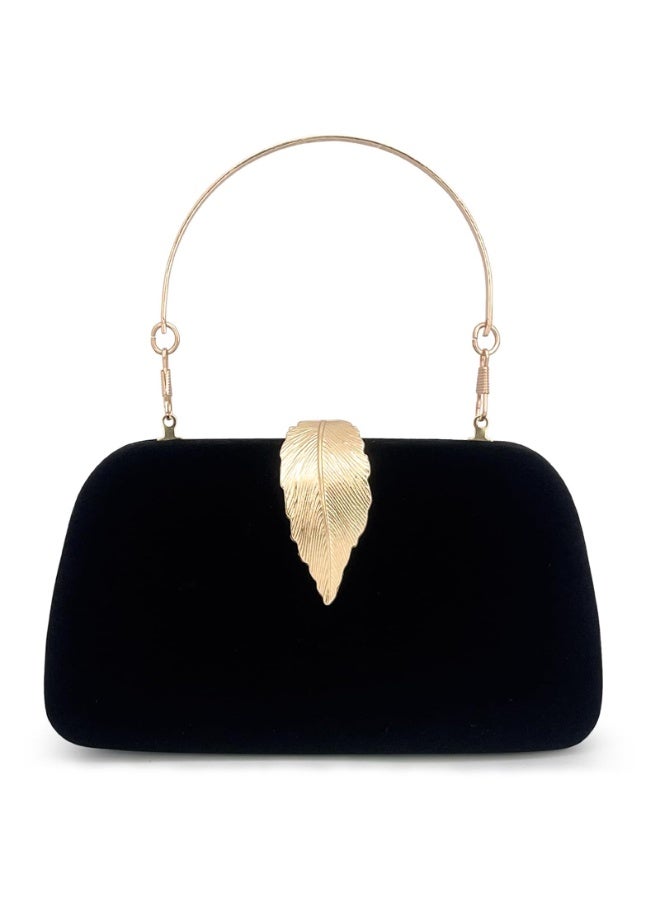 Women's Black Velvet Evening Clutch Bag with Gold Feather Clasp, Detachable Handle - Image 1