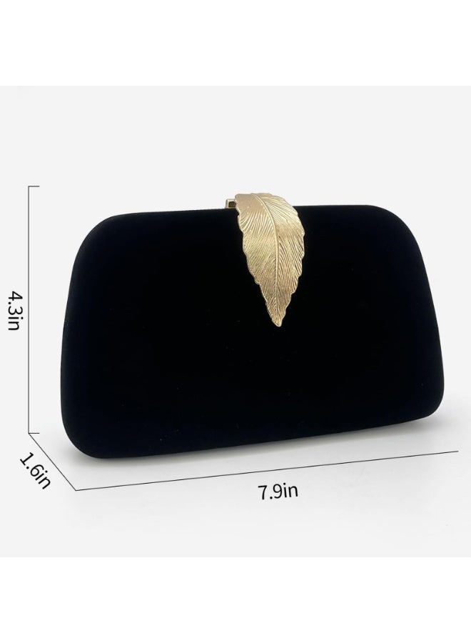 Women's Black Velvet Evening Clutch Bag with Gold Feather Clasp, Detachable Handle - Image 2