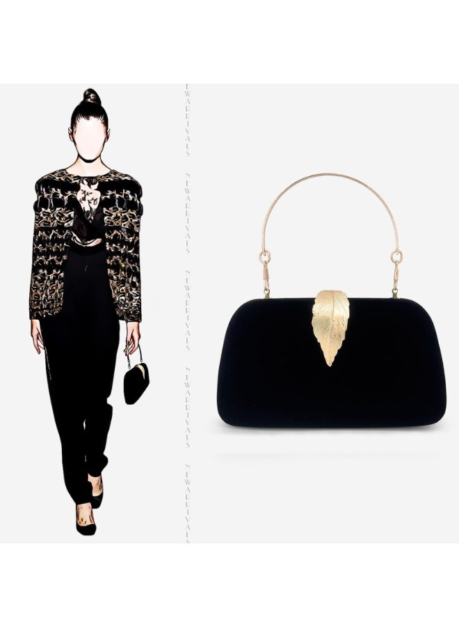 Women's Black Velvet Evening Clutch Bag with Gold Feather Clasp, Detachable Handle - Image 3