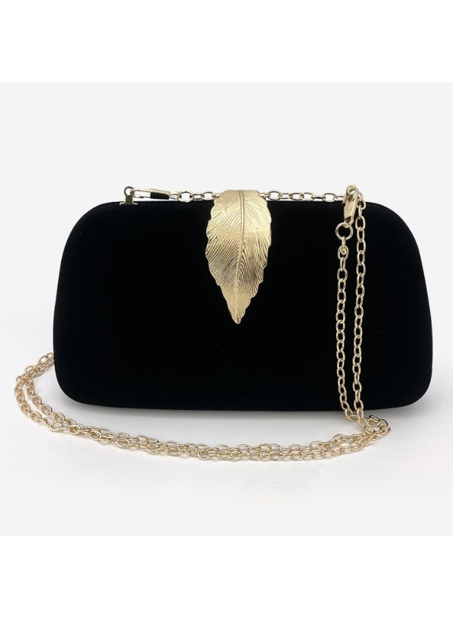 Women's Black Velvet Evening Clutch Bag with Gold Feather Clasp, Detachable Handle - Image 5