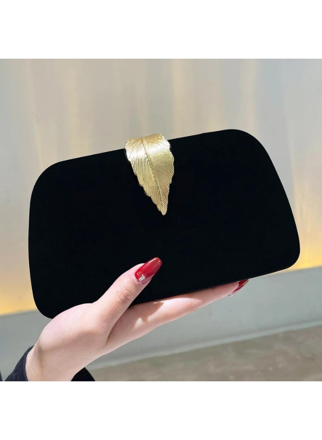 Women's Black Velvet Evening Clutch Bag with Gold Feather Clasp, Detachable Handle - Image 4