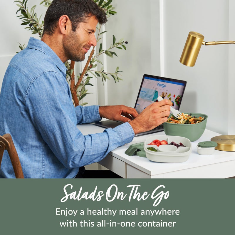 Bentgo Salad Container - 54 oz Bowl with 4-Compartment Toppings Tray, Leak-Proof Dressing Container, Reusable Fork, BPA-Free Lunch Box for Meal Prep & Food Storage; Removable Bento Tray (Khaki Green) - Image 2