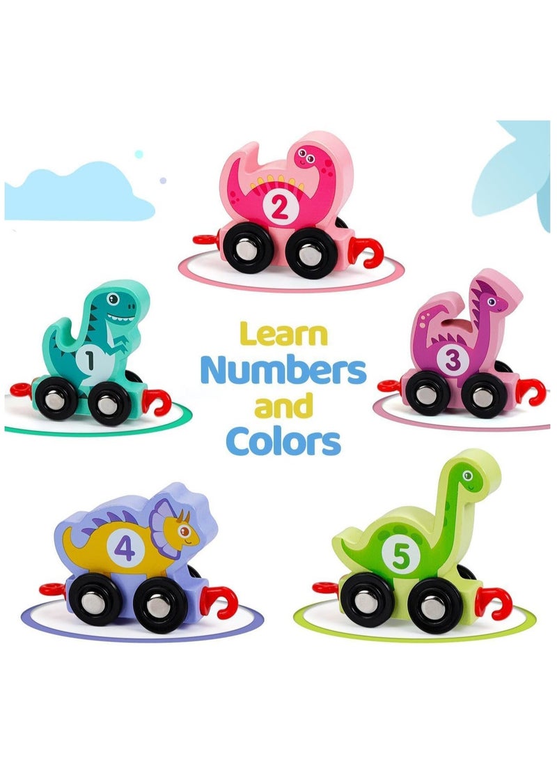 Wooden Train Set, 11 PCS Wooden Dinosaur Train Toy, Montessori Toys for Toddlers, Trains Car with Numbers 0-10, Count & Color Educational for Boys and Girls 2-6 Year Old