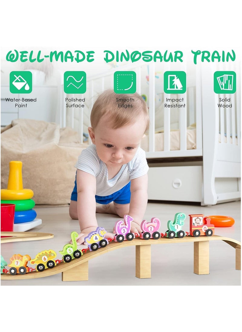 Wooden Train Set, 11 PCS Wooden Dinosaur Train Toy, Montessori Toys for Toddlers, Trains Car with Numbers 0-10, Count & Color Educational for Boys and Girls 2-6 Year Old